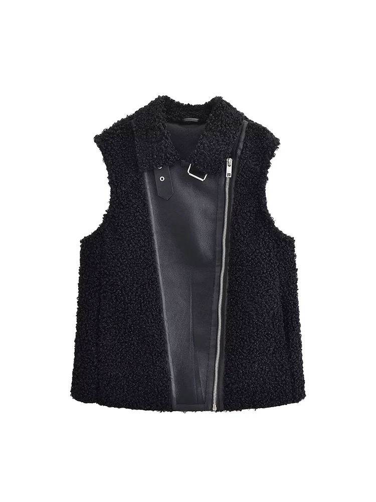 

European style new women's fashion versatile and elegant lamb wool fleece flap collar double-sided sleeveless vest
