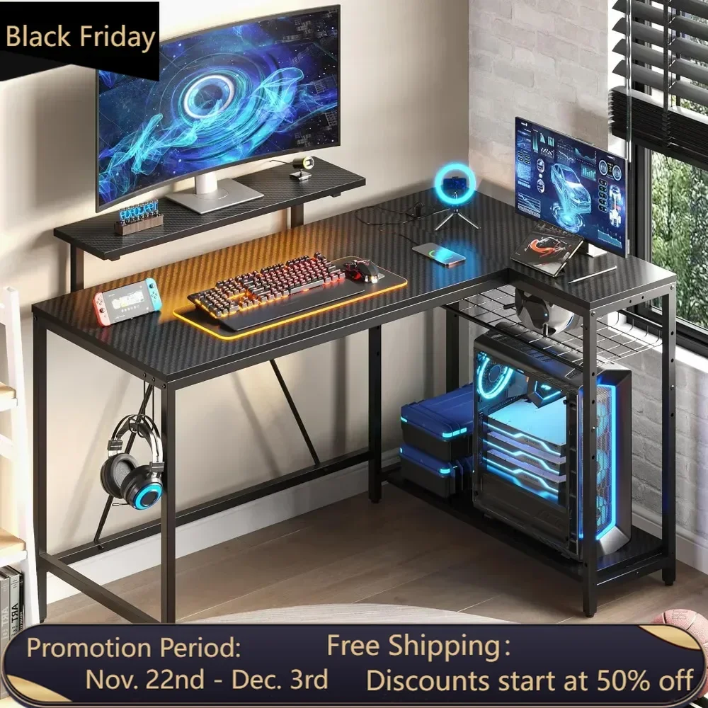 52 Gaming Desk with Power Outlet & USB Ports,Reversible Small L Shaped Computer Desk with LED Strip & Headset Hooks,Corner Desk