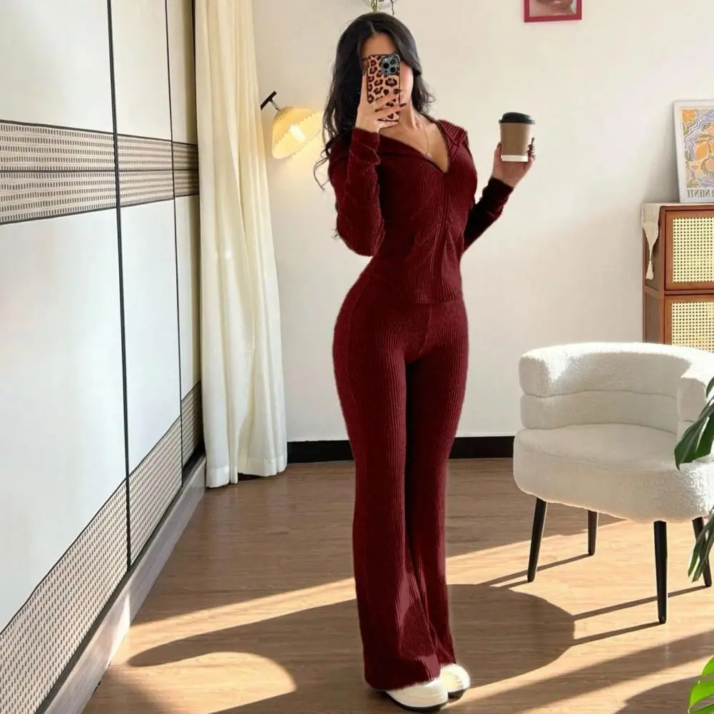 Women's 2 Piece Sweatsuits Zip Up Hoodies And Bell Bottom Pants Ribbed Knit Outfits Sexy Bodycon Workout Tracksuits  여성 트랙스루트 view 4