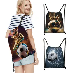 Cool Soccer Ball with Golden Crown Print Drawstring Bag Gym Sport Backpack Football Shoulder Bag for Travel Shoes Holder