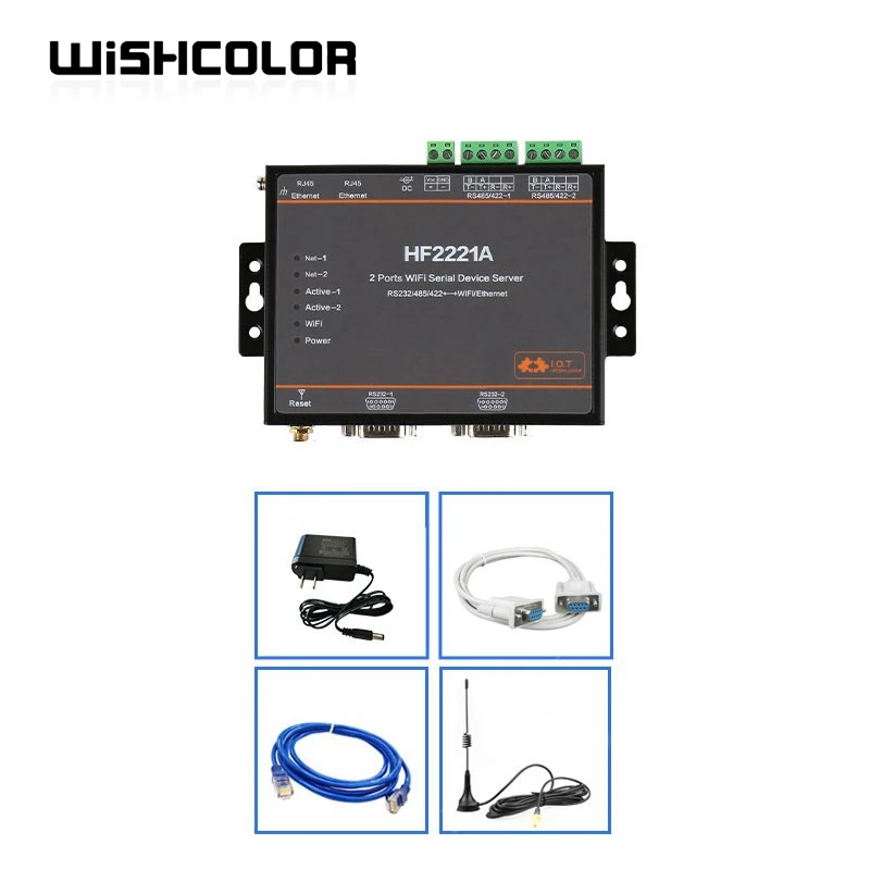 Wishcolor 2 Ports WiFi Serial Server RS232/485/422 to WiFi/Ethernet Support for Modbus Gateways with HF2221A Sucker Antenna