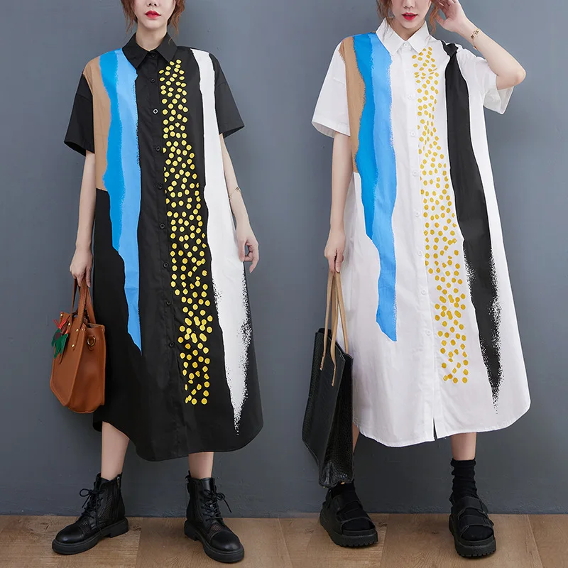 

Korea Style Streetwear Chic Printed Patchwork Shirt Dress Women Summer Turn Down Collar Short Sleeve Casual Loose Midi Dresses