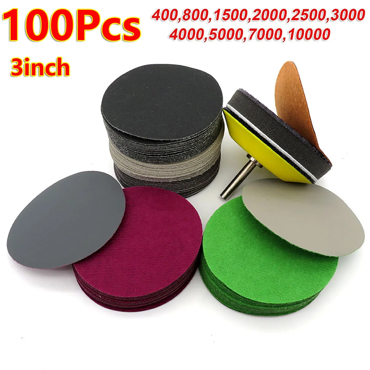 100Pcs 3 Inch 75mm Sandpaper Abrasive Sand Paper Sanding Discs Hook Loop 400/800/1500/2000/2500/3000/4000/5000/7000/10000 Grit