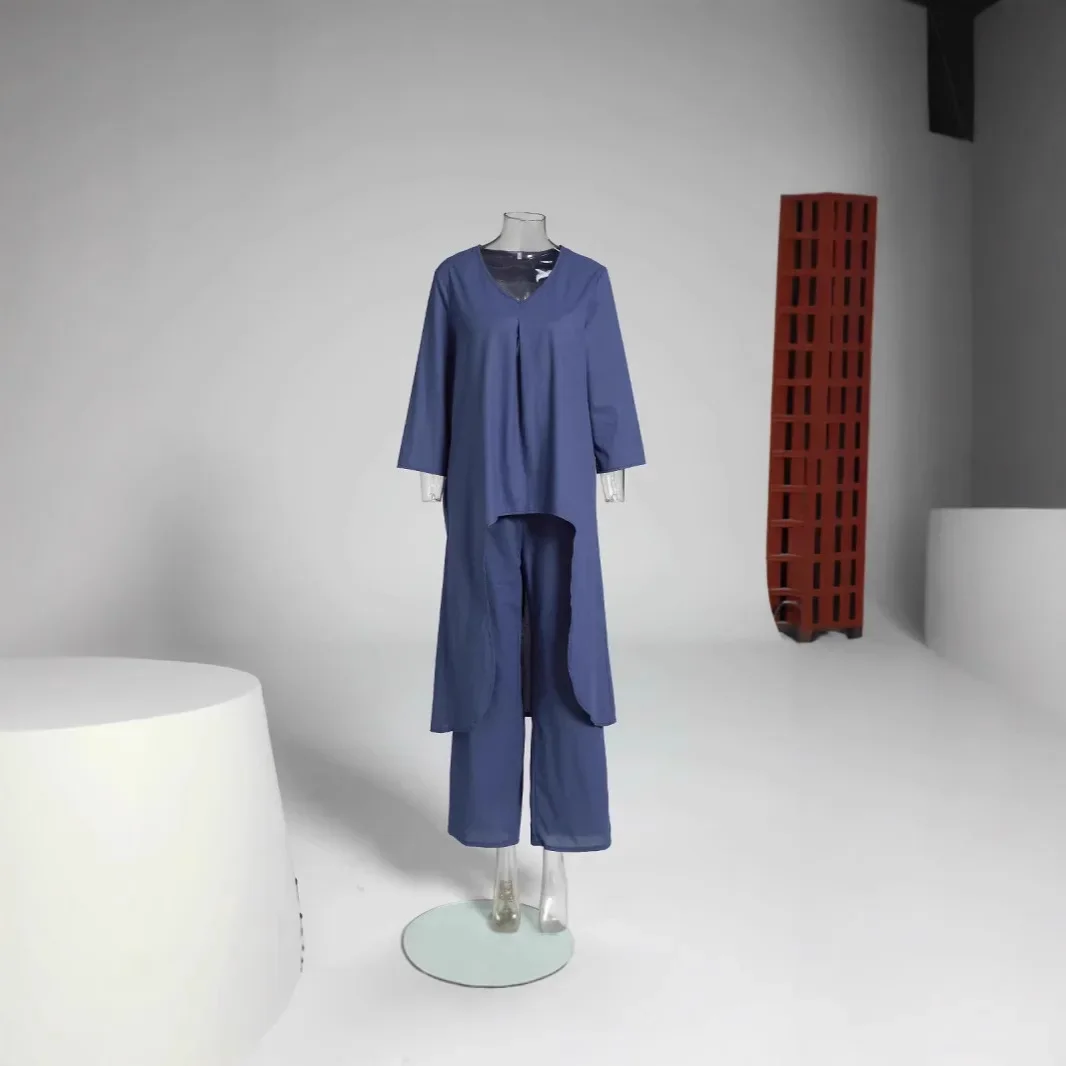 Women's Sets Two 2 PCS Sale Female V Neck Long Sleeve Irregular Shirts& High Elastic Waist Wide Leg Loose Pant Suits FYY-8808