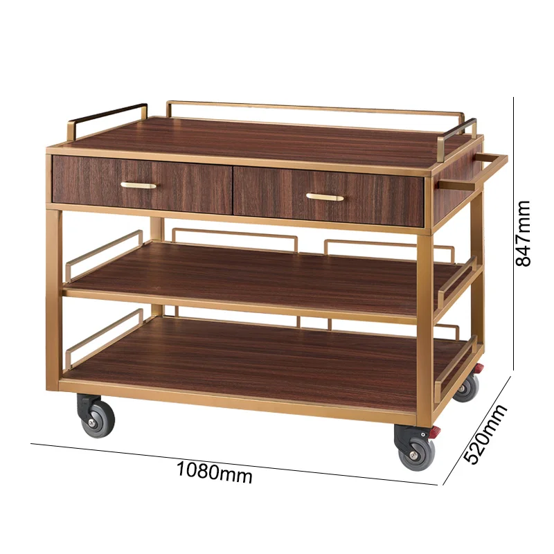 Mobile 3 Layers Rolling Bar Trolley Dessert Food Tea Cabinet Serving Cart Table with 2 Drawers Lockers for Hotel