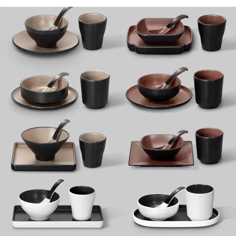 

Two-color Melamine Tableware Bowl Dish Spoon Cup Four-piece Set Japanese-style Sushi Restaurant Barbecue Kitchen Cutlery
