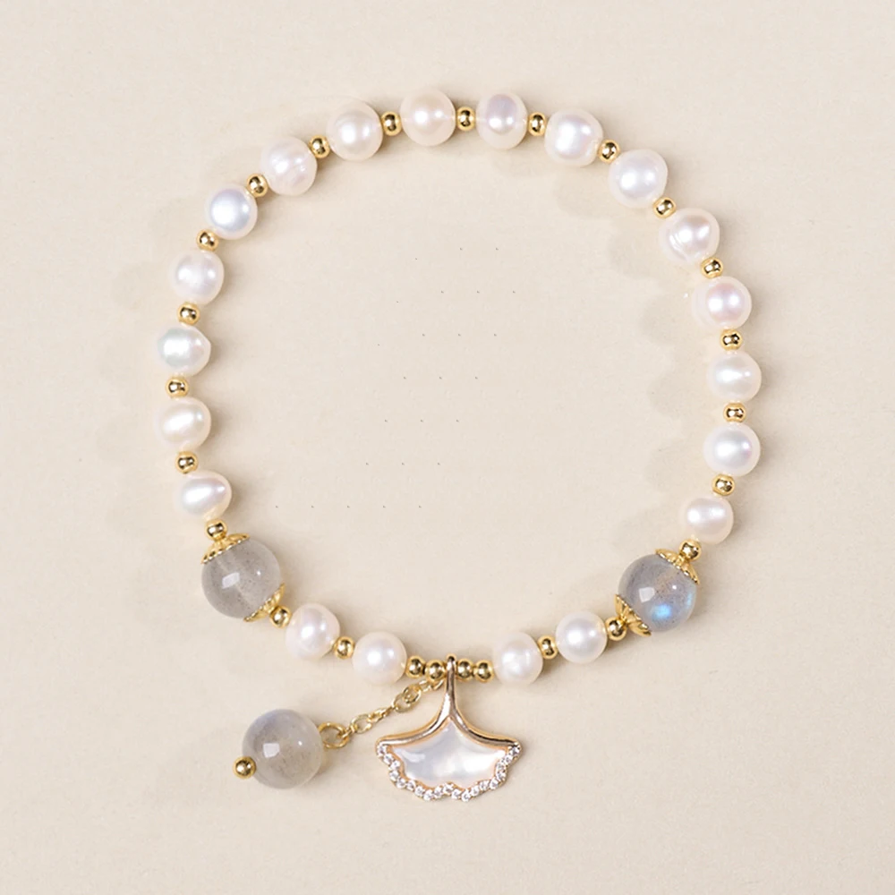 Natural 6mm Freshwater Pearl Grey Moonstone Beaded Bracelet for Women Shell Ginkgo Leaf Charm Elegant Hand Jewelry Daily Wearing
