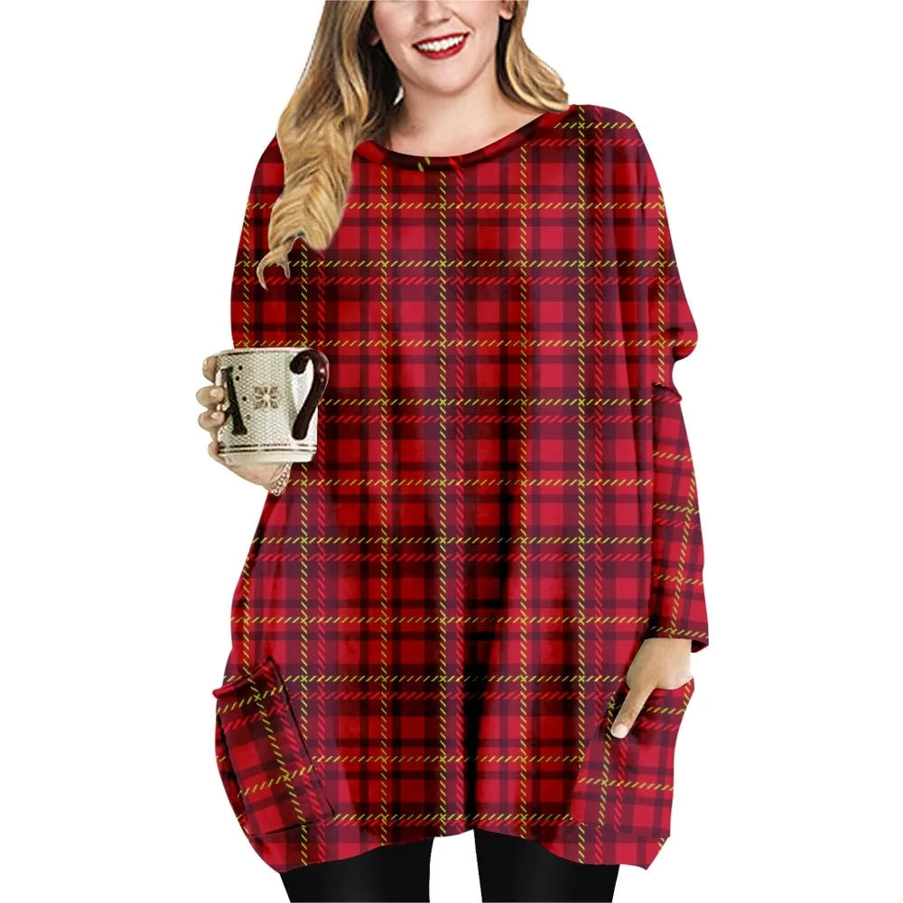 NEW Lattice Print  Loose Casual Style Ladies T-shirt Double Pocket Dress Round Neck Long Sleeve Dress-