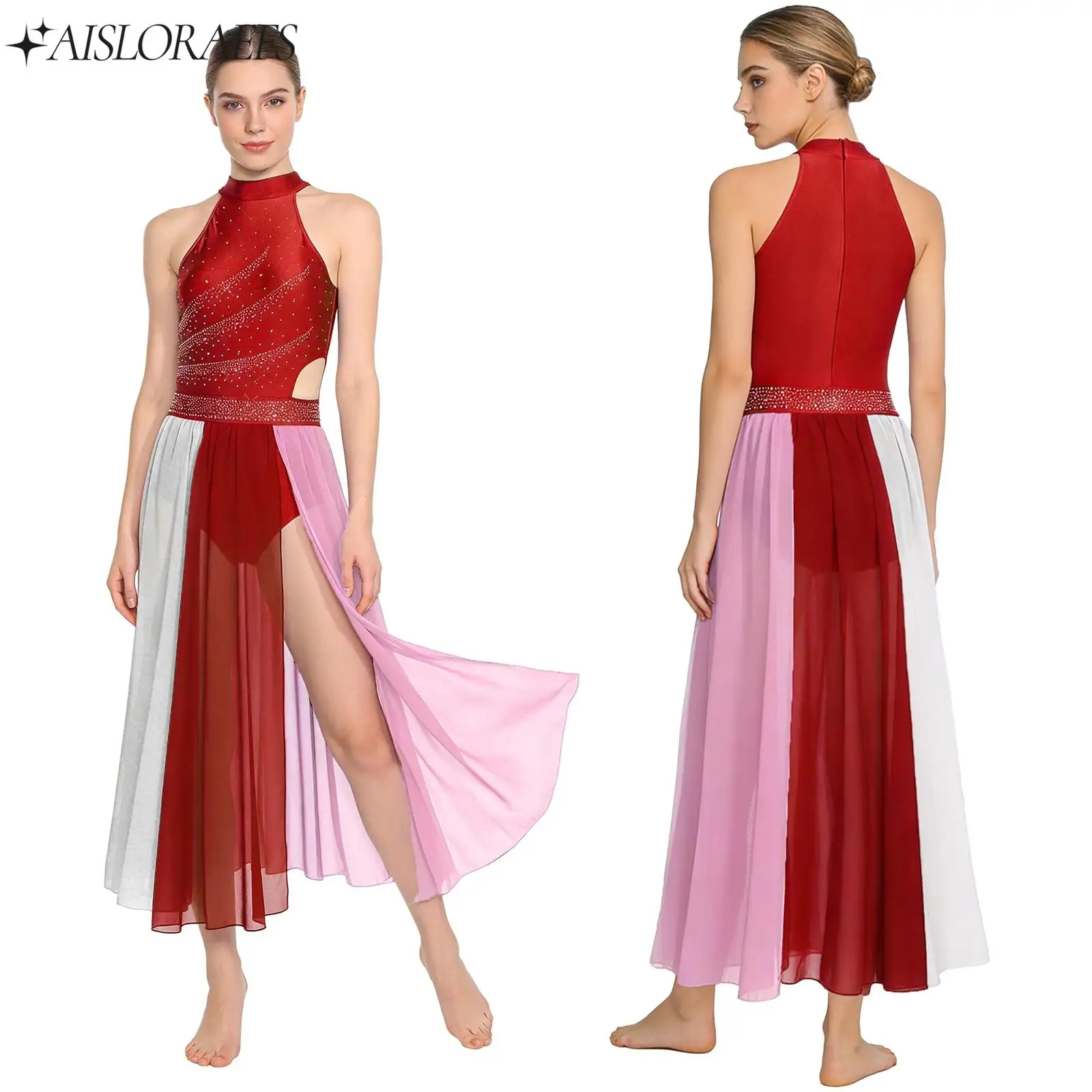 

Womens Contemporary Dress Lyrical Modern Dance Costume Sleeveless Rhinestone Mesh Slit Hem Leotard Dress for Stage Performance