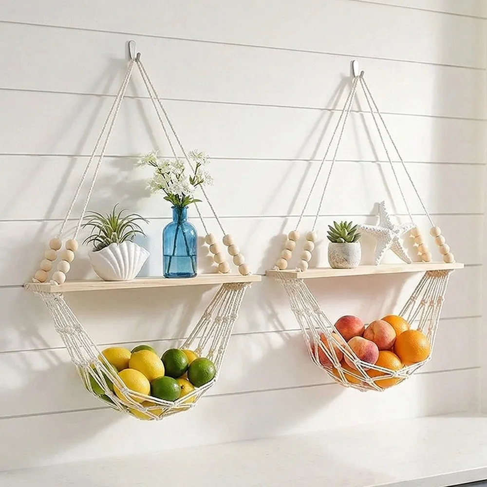 Solid Wood Wall Hanging Shelf Macrame Cotton Cord Net Basket Wall Hanging Organizer Boho Macrame Wall Mounted