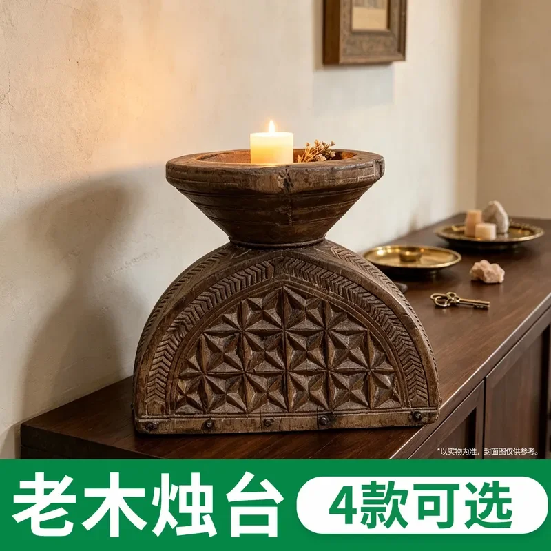 Vintage Wooden Candlestick Holder Wabi Sabi Style Hollow Carved Design Home Decor Ornament for Cafe Living Room Table