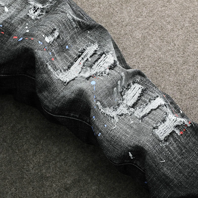 High Street Designer Fashion Men Jeans Retro Black Gray Stretch Slim Fit Painted Ripped Jeans Men Hip Hop Vintage Denim Pants