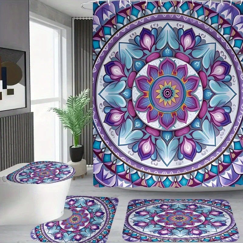 

4pcs Purple Bohemian Floral Pattern Shower Curtain Set with 12 Hooks, Waterproof Polyester Material, Includes Bathroom Mat,