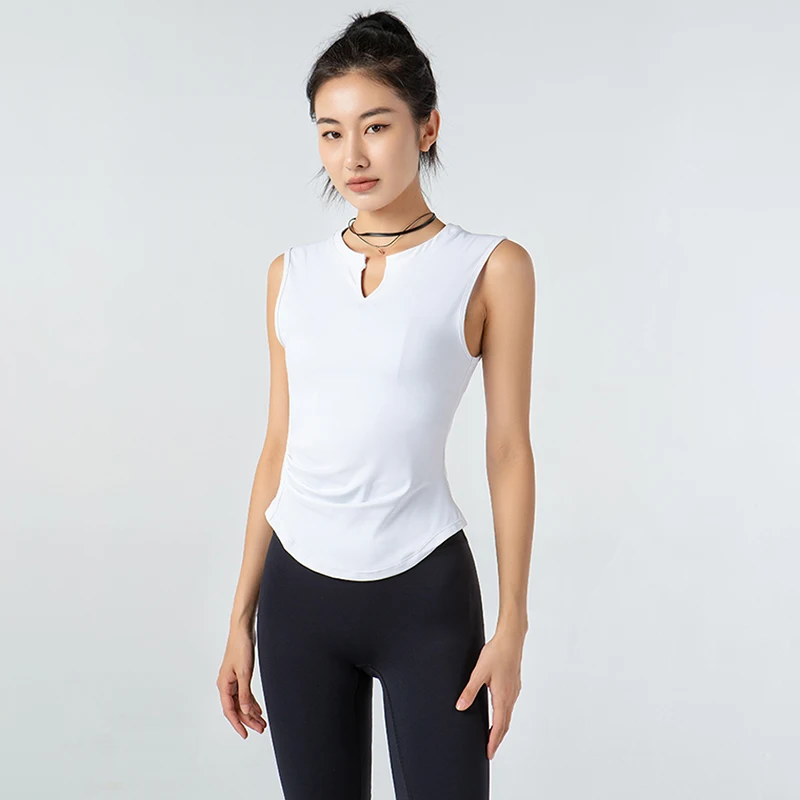 Summer Sleeveless Shirts Women Pleated Yoga Tops V-Neck Sport Shirt Curve Hem Gym Fitness Tank Top Quick Dry Running Vest Blouse