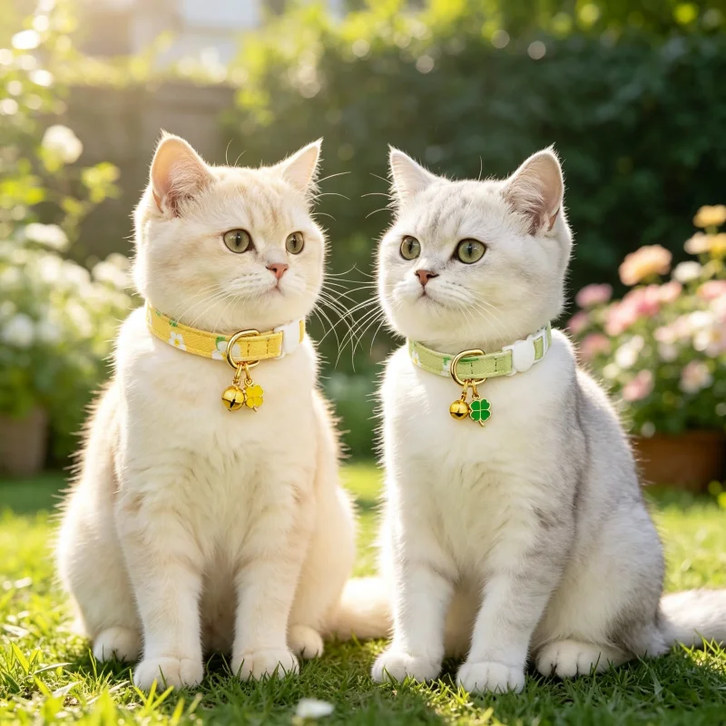 Cotton Breakaway Cat Collar Green and Yellow Flowers Pendant Cute Kitten Cat Collar with Bell 2 Pack