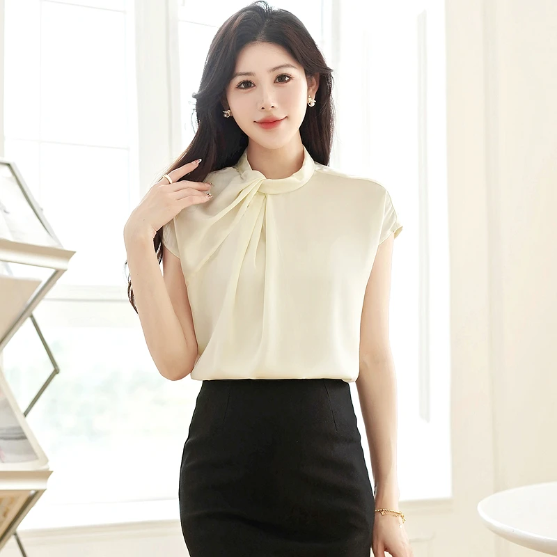 

Blouse Women 2025 Summer New Pearl Bubble Champagne Womens Tops Korean Reviews Many Girls Clothes Asymmetric Stand Collar Shirt