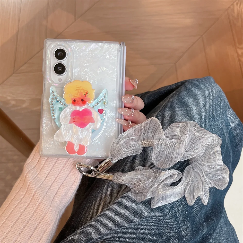 Korea Fashion Ins Angel Girl Magnetic Phone Case For Samsung Galaxy Z Fold 8 Cover Shockproof Cute Fold Cases with stand Lanyard