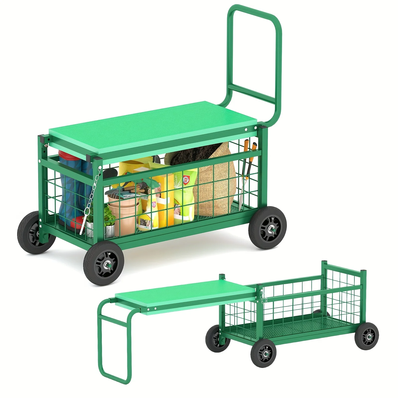 

Heavy-Duty Rolling Garden Work Seat Cart with Wheels-Dual-Position Seat for Seniors & Gardeners,Storage Basket,Ergonomic Design