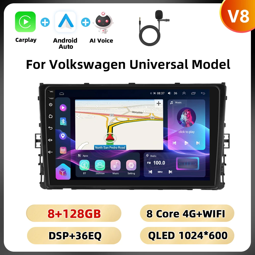 Podofo 9 '' Qualcomm Autoradio Voor Volkswagen Lavida Plus 2023/Polo 2017-2021/Transporter 2015-2019 Carplay Android Auto WIFI 4G - afbeelding 1