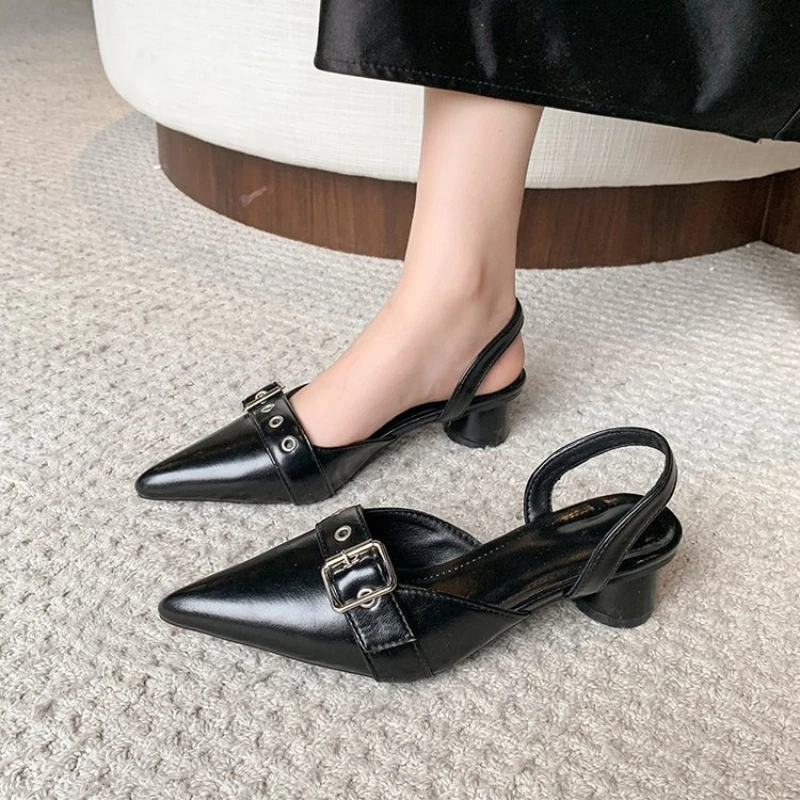 

2025 Новые туфли Джейн во французском стиле с острым носком, женские туфли на среднем толстом каблуке в стиле ретро с юбками и маленькими кожаными туфлями