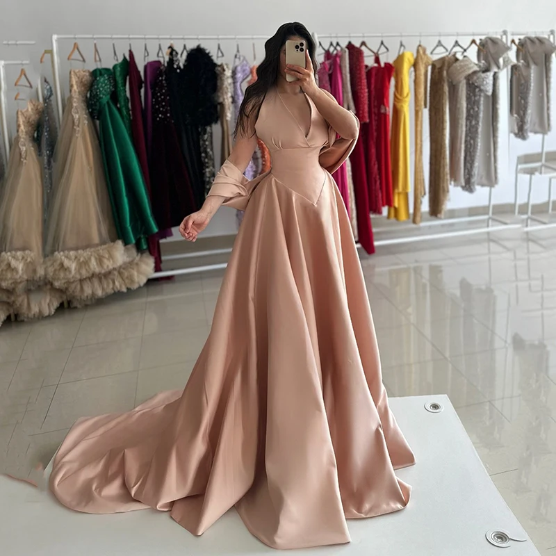 

Thinyfull Simple A-Line Prom Evening Dresses Saudi Arabia Halter Backless Party Dress Sexy Maxi Cocktail Prom Gowns Customized