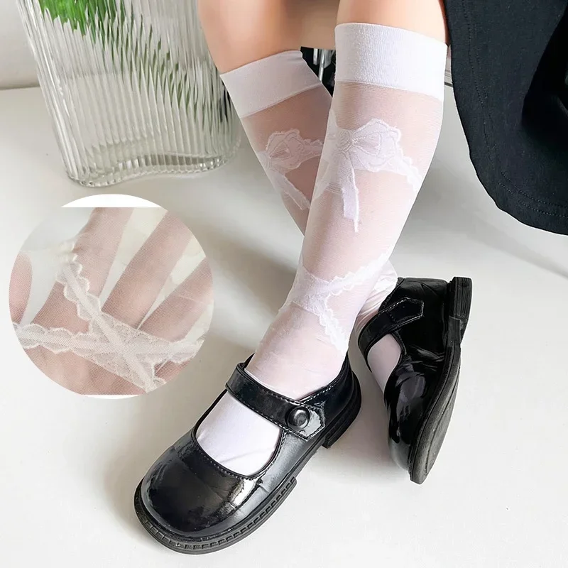 Children Girls Summer Breathable Silk Sock Lolita JK Thin Calf Sock for Kids Bow Love Cross Shape Knee High Sock for Toddler