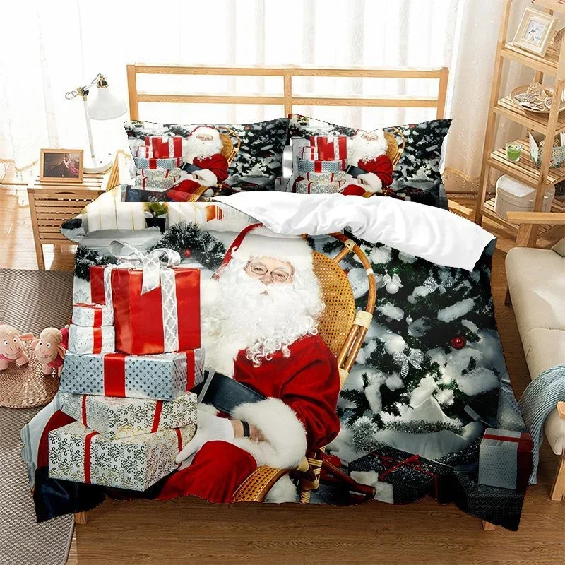 Santa Claus Duvet Cover King Queen Double Merry Christmas Bedding Set Christmas Tree Comforter Cover Xmas New Year Gift Bed Sets