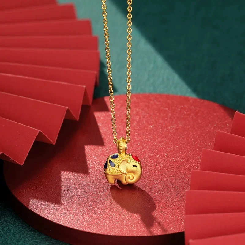 9999 real gold 24K yellow gold Jixiang Ruyi Enamel Pendant Necklace Taiping Elephant Clavicle Chain