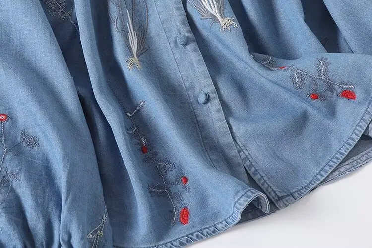 floral embroidery denim blouse women long drop sleeve round neck vintage casual style loose jeans shirt cotton