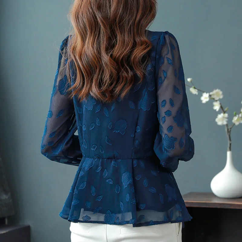 #2530 Black Blue Office Chiffon Shirt Women Long Sleeve Slim Vintage Thin Office Ladies Tops And Blouses Buttons High Waisted