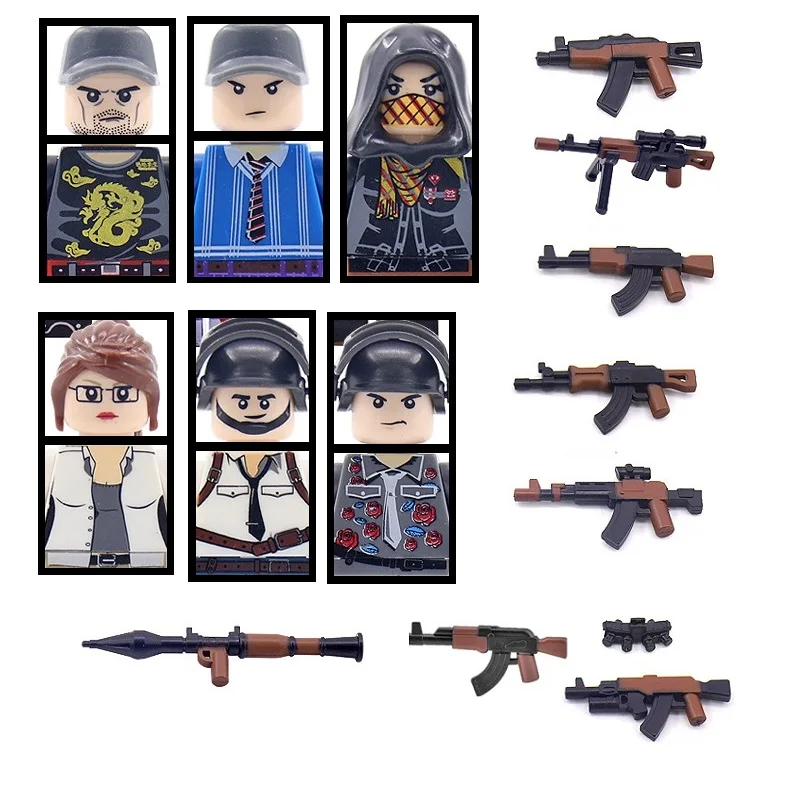 MOC City Modern Military Weapon Bazooka Building Block Soldier Figures Villain Gangster Turban Scarf Mask Guns Parts Bricks Toys