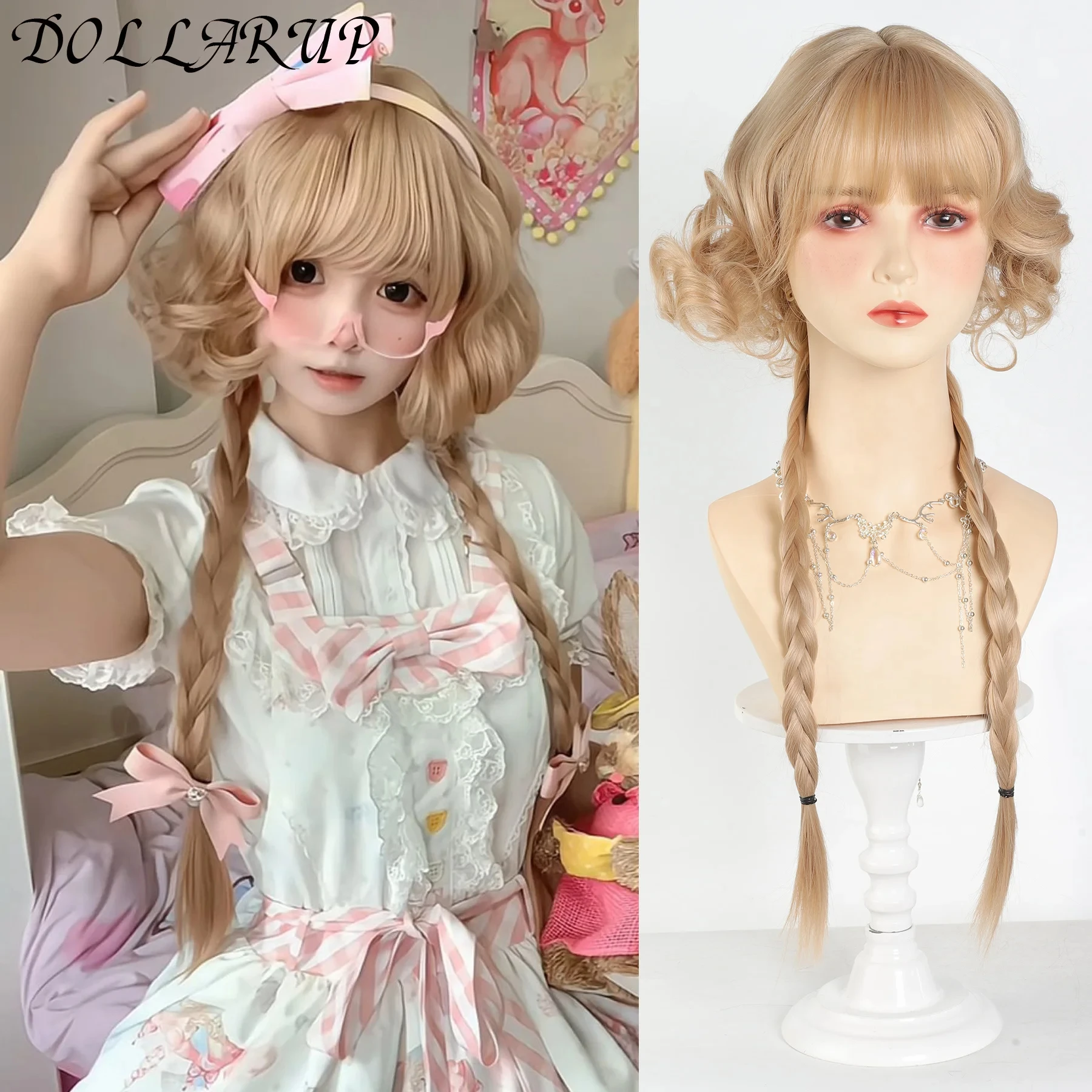 

JKL Длинные волнистые светлые синтетические парики с челкой для женщин Волна Косплей Вечеринка Лолита Золотые вьющиеся Медузы Двойной хвост Парик