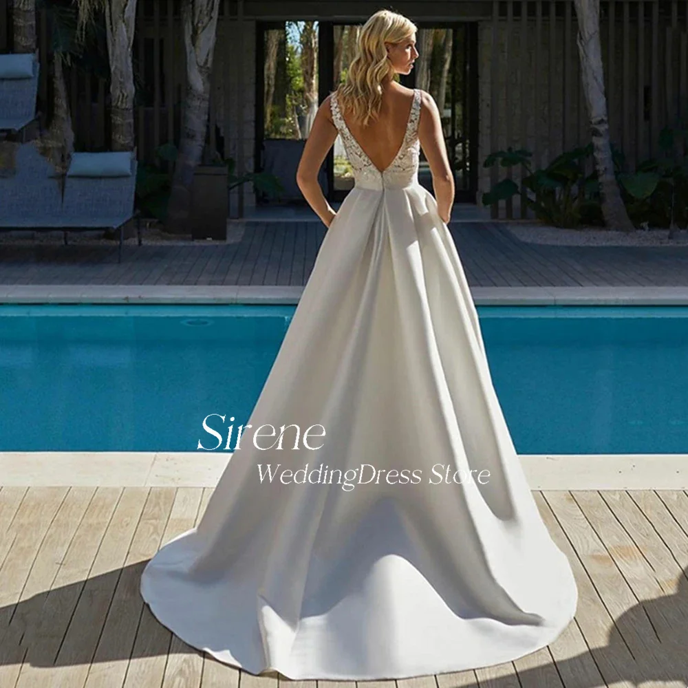 Sirene Strand Spitze Applikation Satin Brautkleid elegante A-Linie V-Ausschnitt ärmellose rücken freie Brautkleid Vestido de Novia nach Maß