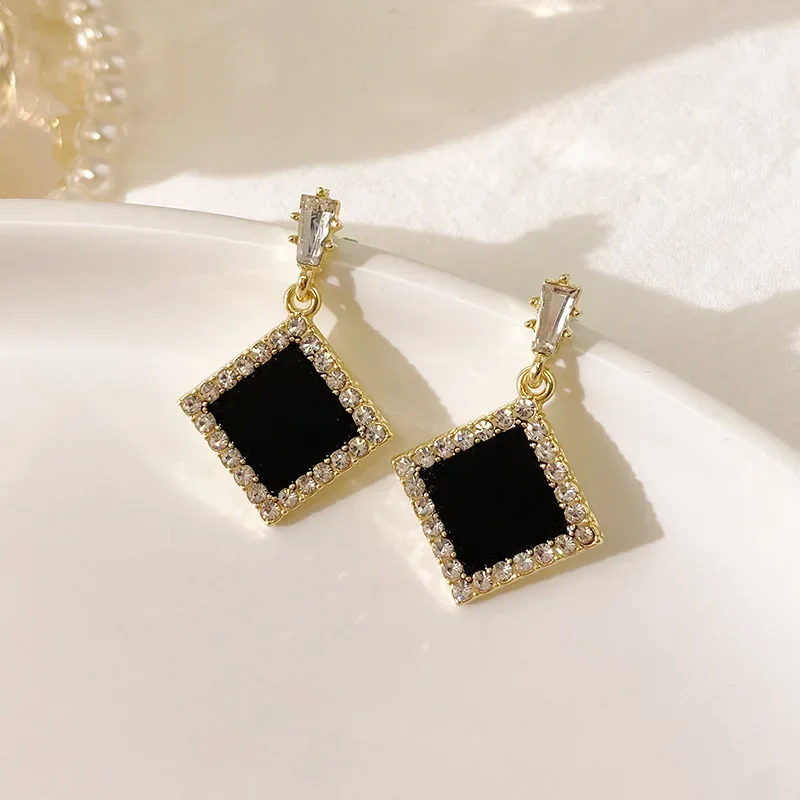 Exaggerated Black Square Rhombus Inlaid Crystal Rhinestone Geometry Drop Earring for Women European American Jewelry Trend Gift