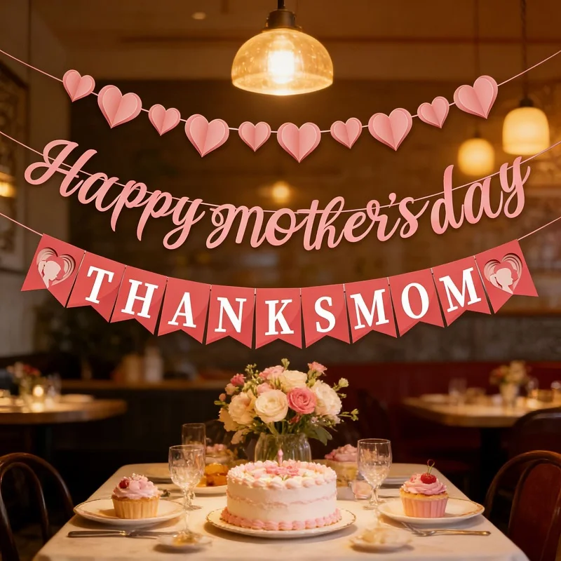 Happy Mother's Day Decorations Banner Happy Mother's Day Alphabet,Heart, Thanks Mom Pull Flag