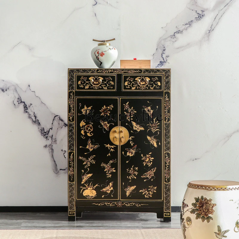 New Chinese Style Shoe Cabinet Gold Furniture Painted Hallway Decoration Solid Wood Hand Painted Home Cabinet Complete Set