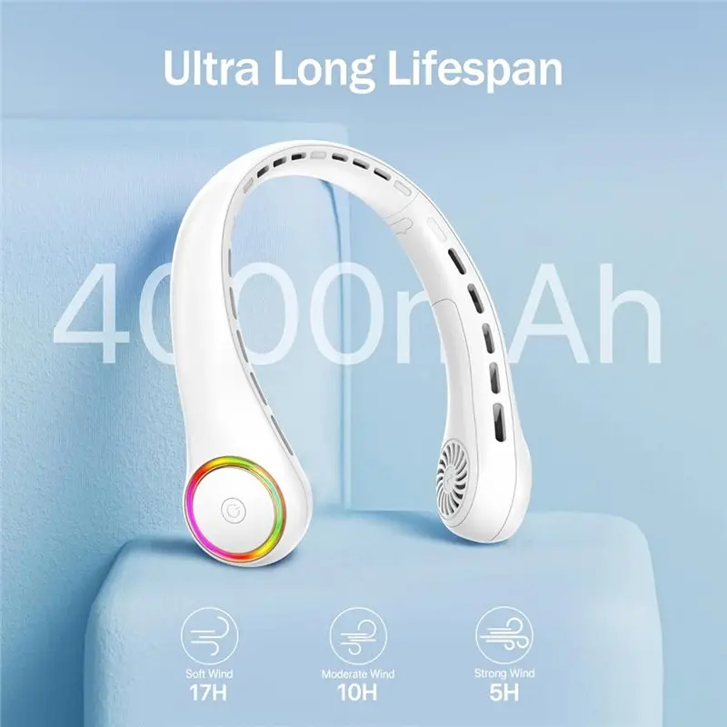 BBNV-2026 New Upgrade Portable Neck Fan With 4000Mah Battery With 3 Speeds And 64 Cool Lights