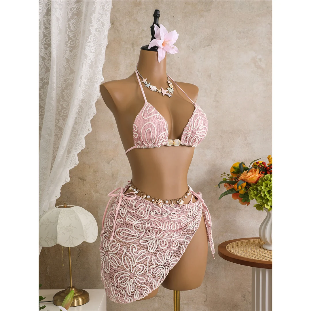 Mit Sarong-Halterneck-Bikini, bedruckter Bikini, Damen-Badebekleidung, dreiteiliges Bikini-Set, gepolsterter Badeanzug, Badebekleidung, Badeanzug, Modell V8073. – Detail 21