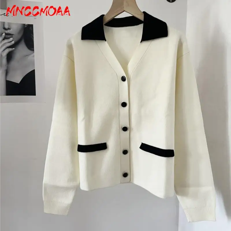 MNCCMOAA 2024 Autumn Women Fashion Single-Breasted V-Neck Knit Cardigan Short Coats Female Casual Loose Long Sleeve Outwear