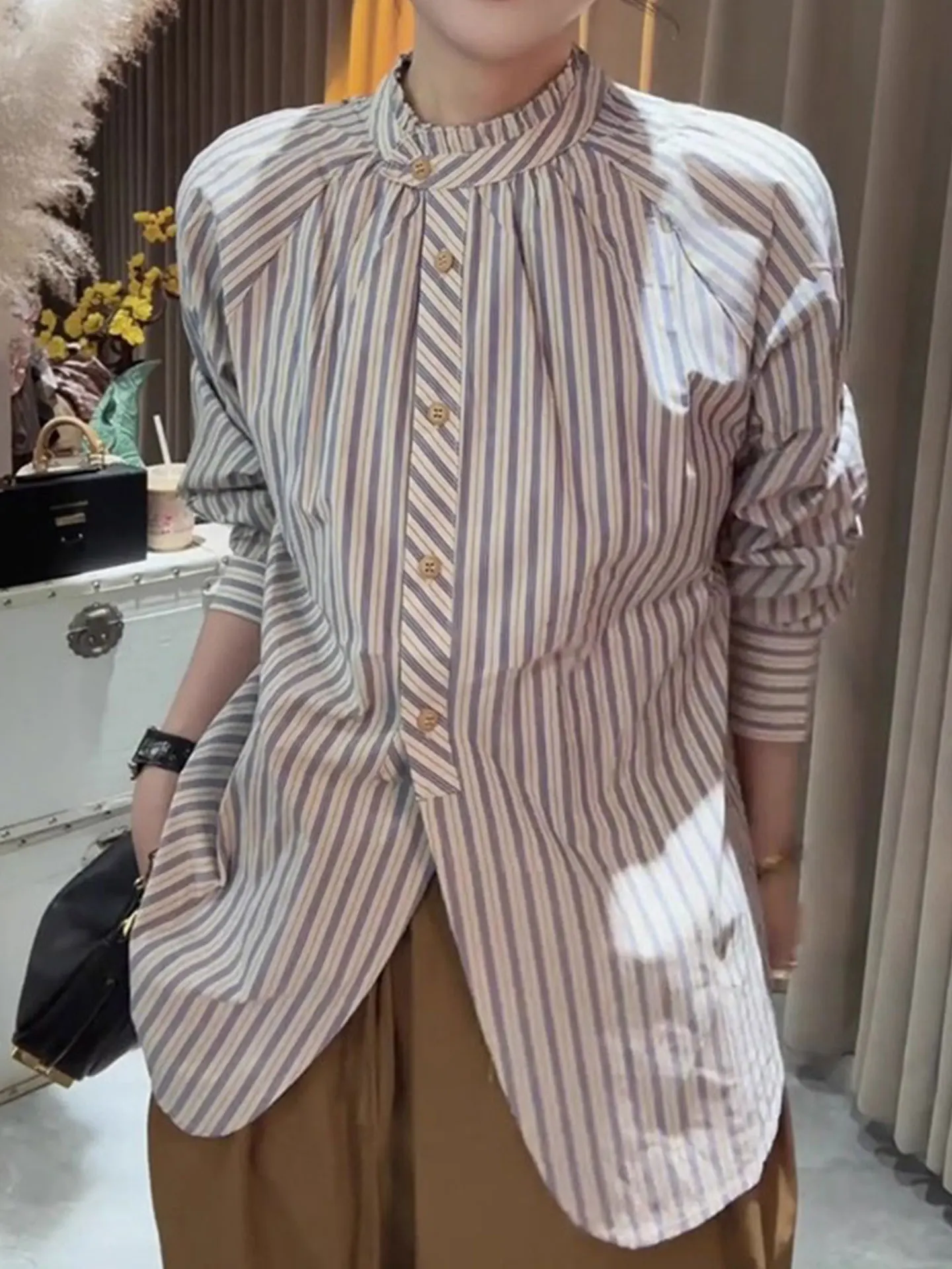 

Ele Long Sve Striped Design Sense irt Top Single Button Cardigan Sle Color Blo Summer Faion Ladies' Silk Blouse