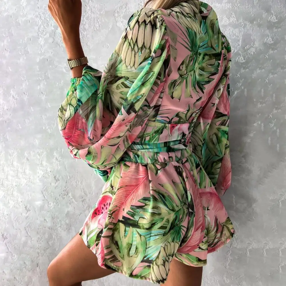 المرأة طويلة الأكمام Playsuit عادية ، فساتين الشاطئ البوهيمي ، زهرة الطباعة ، فانوس ، بذلة ، مثير الشارع الشهير ، الصيف