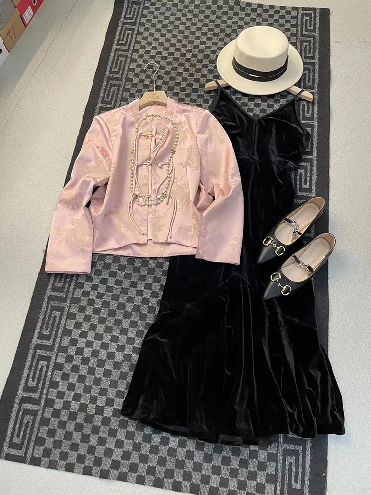 

New Chinese Style High Quality Two-Piece Set Pink Button up Top A-Line Skirt Autumn Fashion Women's Clothing Elegant Sensation
