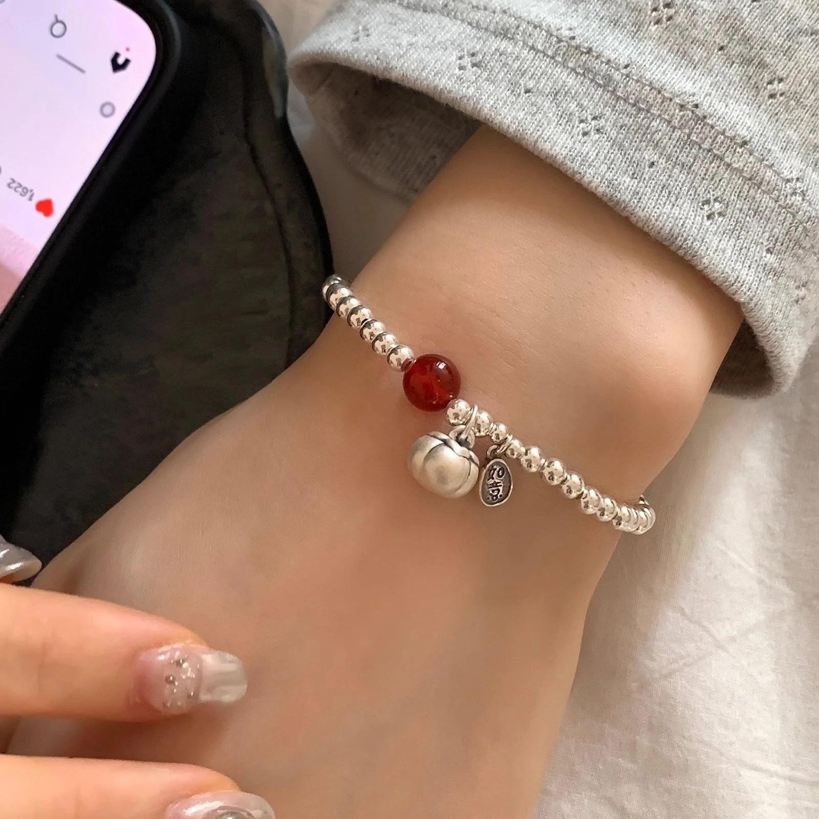 925 Sterling Silver Bracelet Red Persimmon Beaded Elastic Lucky Good Wish For Woman Girl Fashion Jewelry Gift Dropship Wholesale