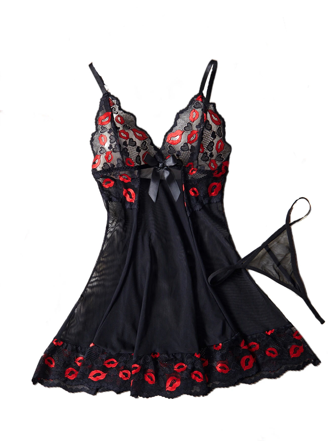 

Sexy Lingerie Set Women Erotic Bra Nightdress Sexy Lace Sleepwear Red Lip Print Soft Sling Dress And Thong Full Slip Pajama Set