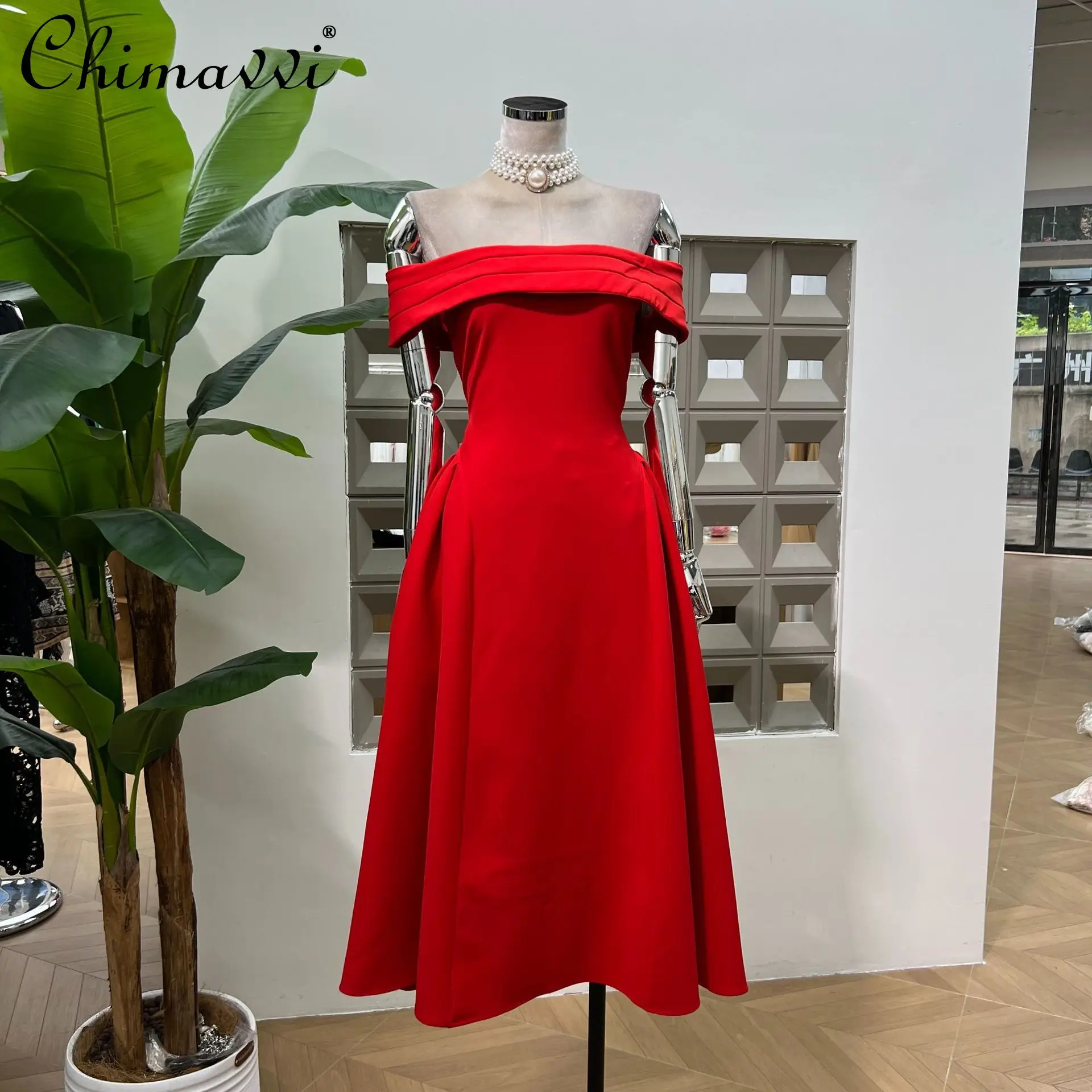 

French Elegant Hepburn Style Socialite Evening Dress Sleeveless Off-Shoulder High Waist Slim A-line Temperament Long Dress Women