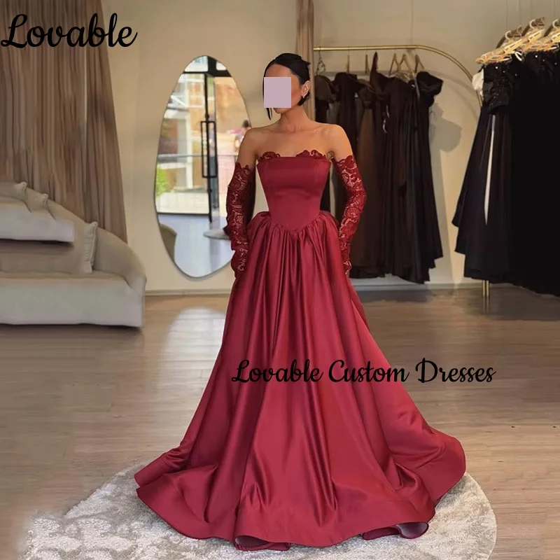 Vestidos formales personalizados, corte en A, sin tirantes, de encaje, vestidos de noche para mujer, hasta el suelo, con cremallera, vestido de fiesta de boda de manga larga