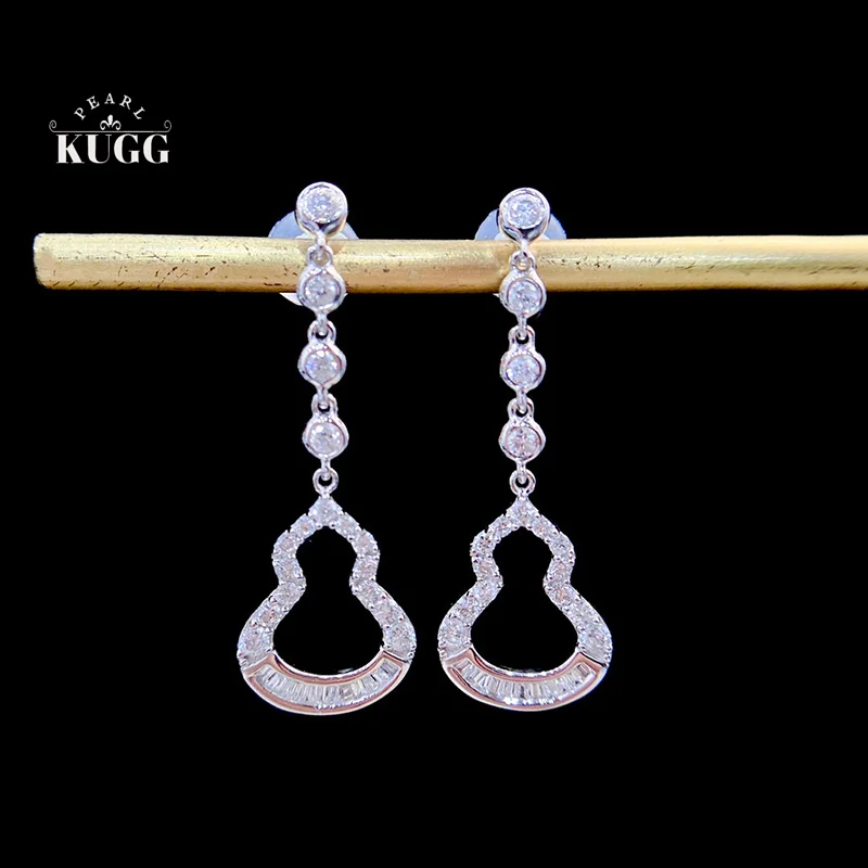 KUGG 100% 18K White Gold Earrings Women Fashion Ground Shape 0.50carat Real Natural Diamond Drop Earrings High Wedding Jewelry