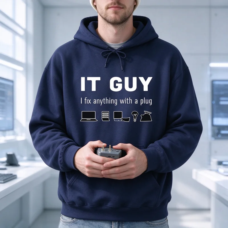 IT Guy Hoodie I Fix Anything Plug Sweatshirt Funny Tech Slogan Top Computer Geek Gift Minimal Graphic Casual Streetwear Unisex