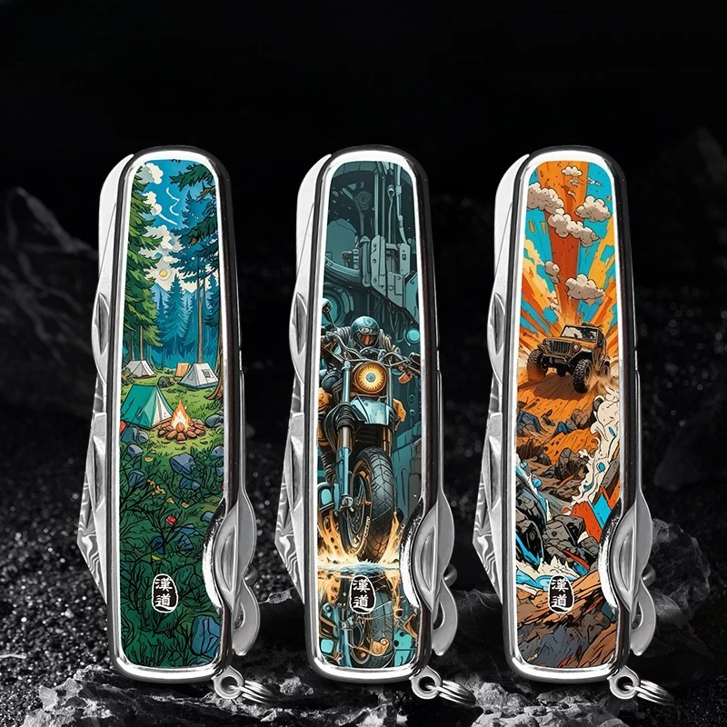 

New 10 in One Damascus Patterned Steel High-end Outdoor Multifunctional Folding EDC Convenient Camping Hiking Pocket Tool