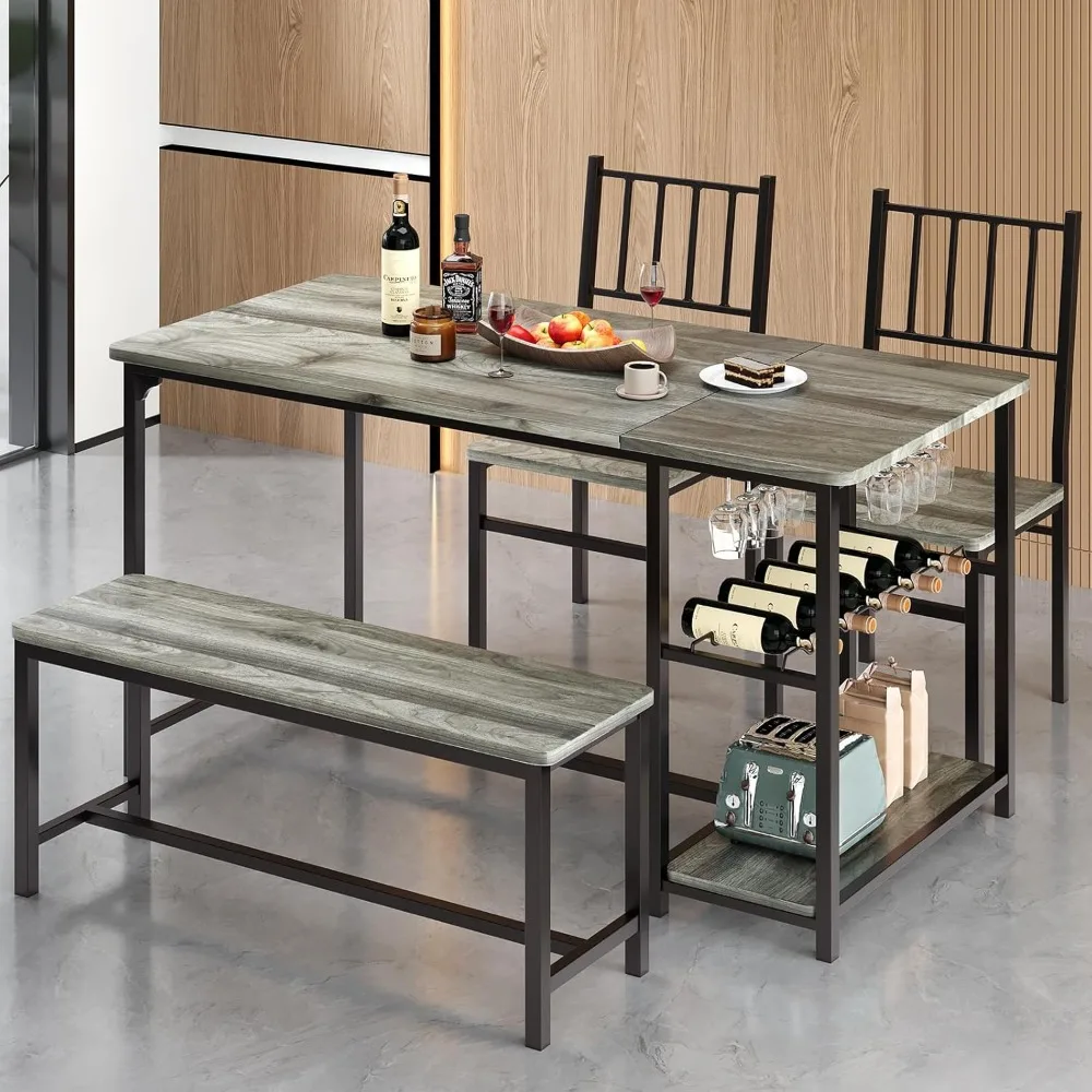 

Dining Room Table Set for 4, 55" Kitchen Table Set with Storage Shelf, Wine Rack & Wine Glasses Holder, Dining Table Set with 2